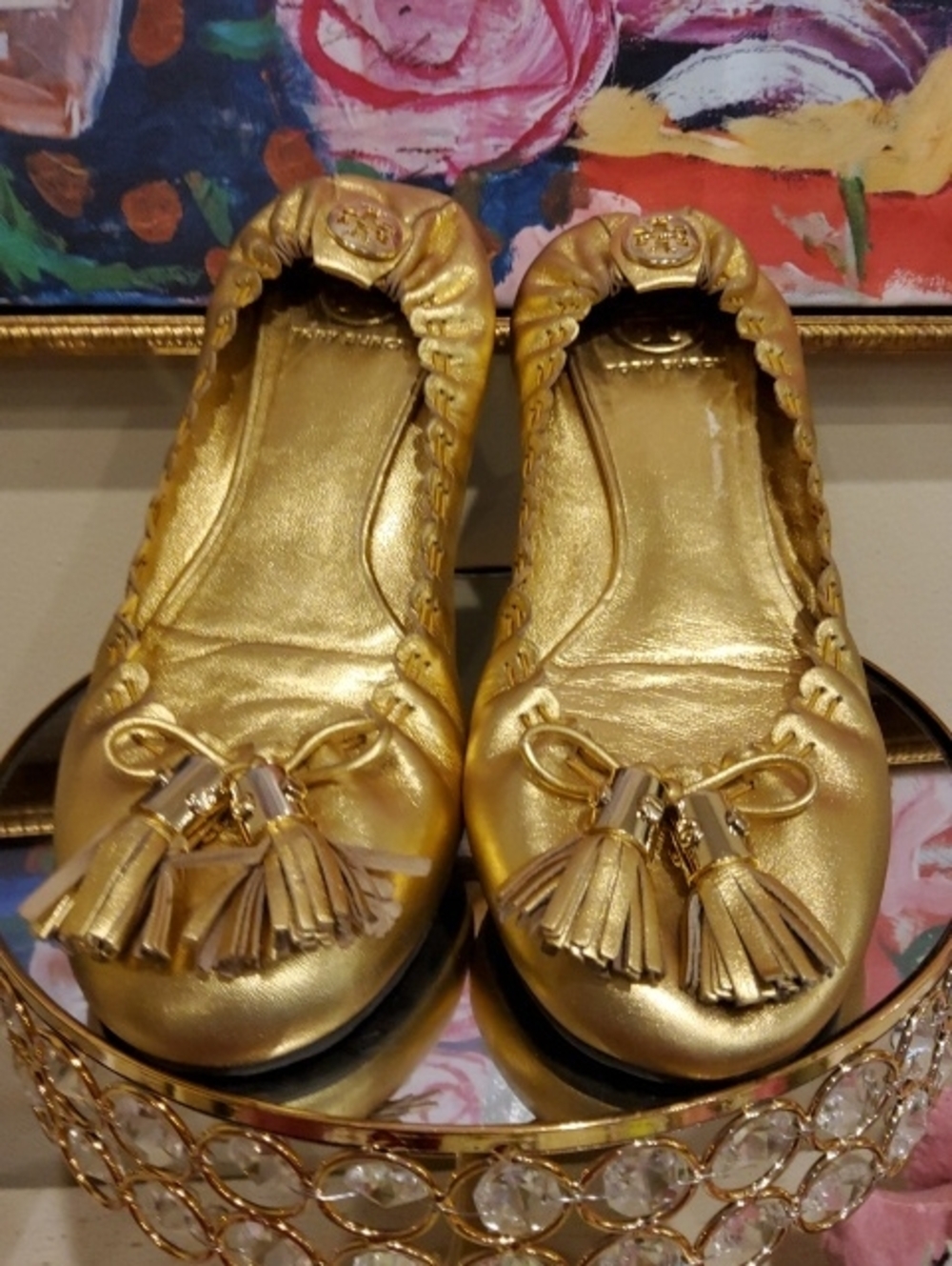 LIKE NEW Tory Burch Metallic Gold Tassel Ballet Flats